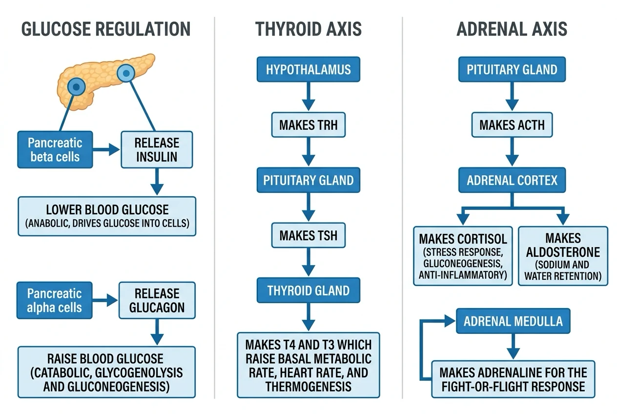 Educational diagram of hypothalamic-pituitary axes with CRH-ACTH-cortisol, TRH-TSH-thyroid, and ADH pathways, feedback loops highlighted, clinical-blue educational style