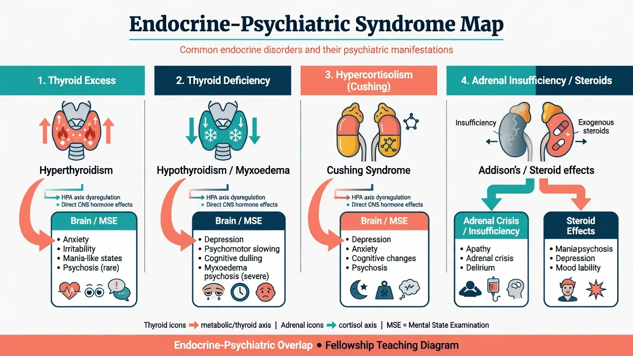 Classification map of thyroid excess deficiency Cushing adrenal insufficiency and steroid-induced psychiatric syndromes