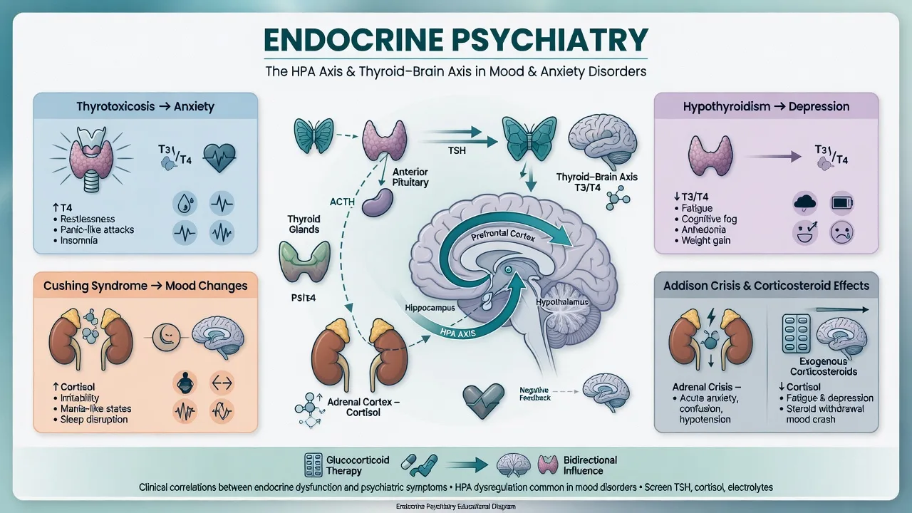 Endocrine psychiatry concept linking thyroid adrenal pituitary and brain with mood anxiety psychosis pathways