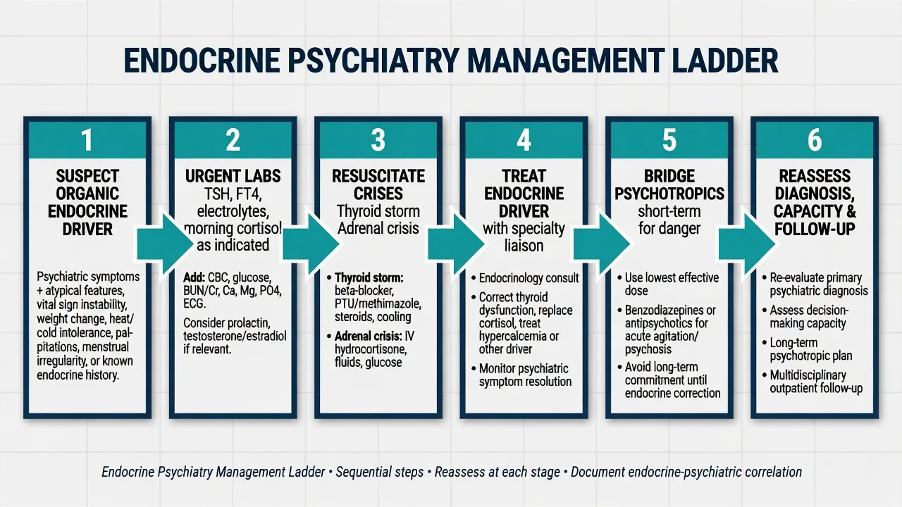 Stepwise management algorithm for endocrine psychiatry from suspicion through labs crises endocrine treatment and psychotropic bridge