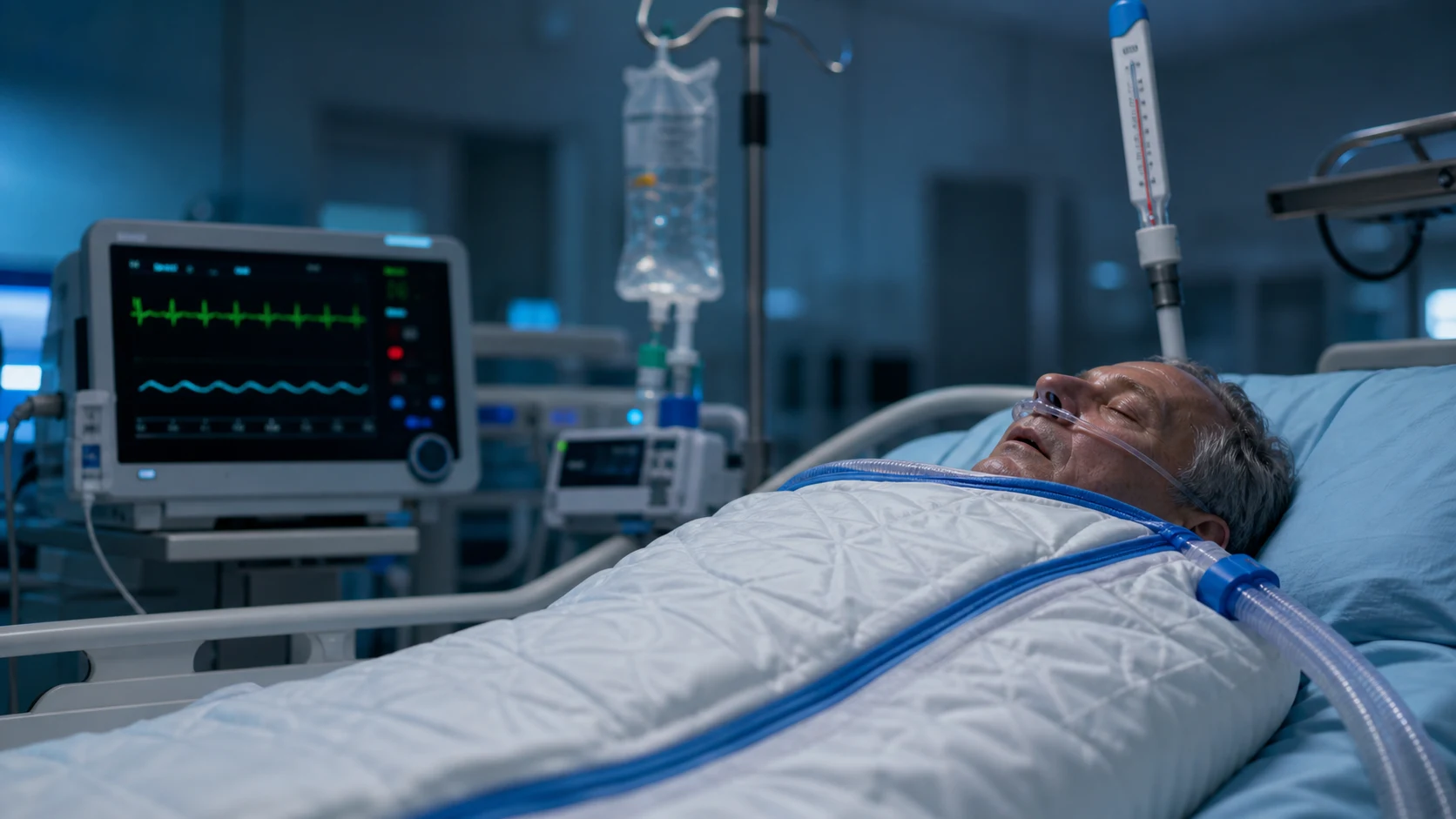 Cinematic ICU scene of a patient wrapped in a warming blanket with forced-air warming system, cardiac monitor bradycardia, warm IV fluids, thermometer suggesting low temperature, cool blue-tinted lighting