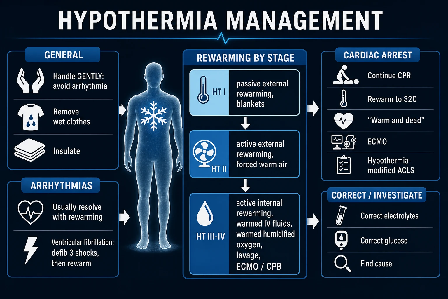 Hypothermia arrest and rewarming pathway: gentle handling, graded rewarming, ECMO for severe and arrest, not dead until warm and dead caveats, HOPE score