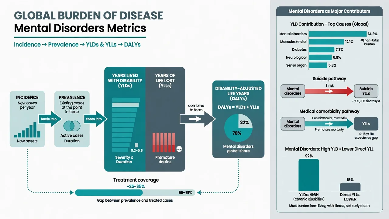 Diagram of incidence and prevalence feeding YLDs and YLLs into DALYs for mental disorders