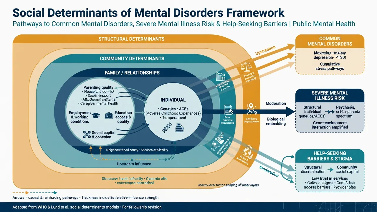 Layered social determinants framework from structural to individual levels affecting mental disorders