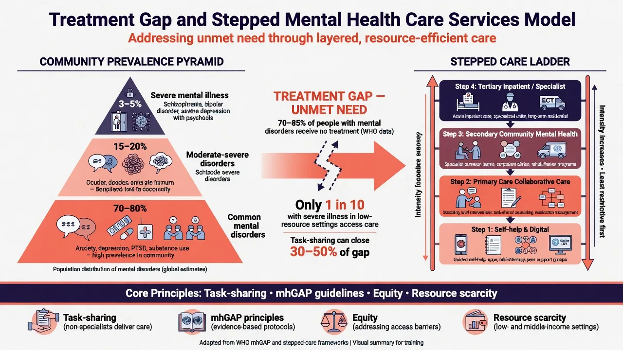 Community prevalence pyramid, treatment gap, and stepped care ladder for mental health services