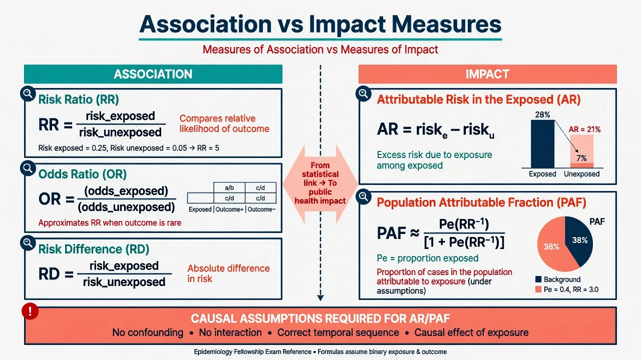 Association measures RR OR RD versus impact measures attributable risk and population attributable fraction