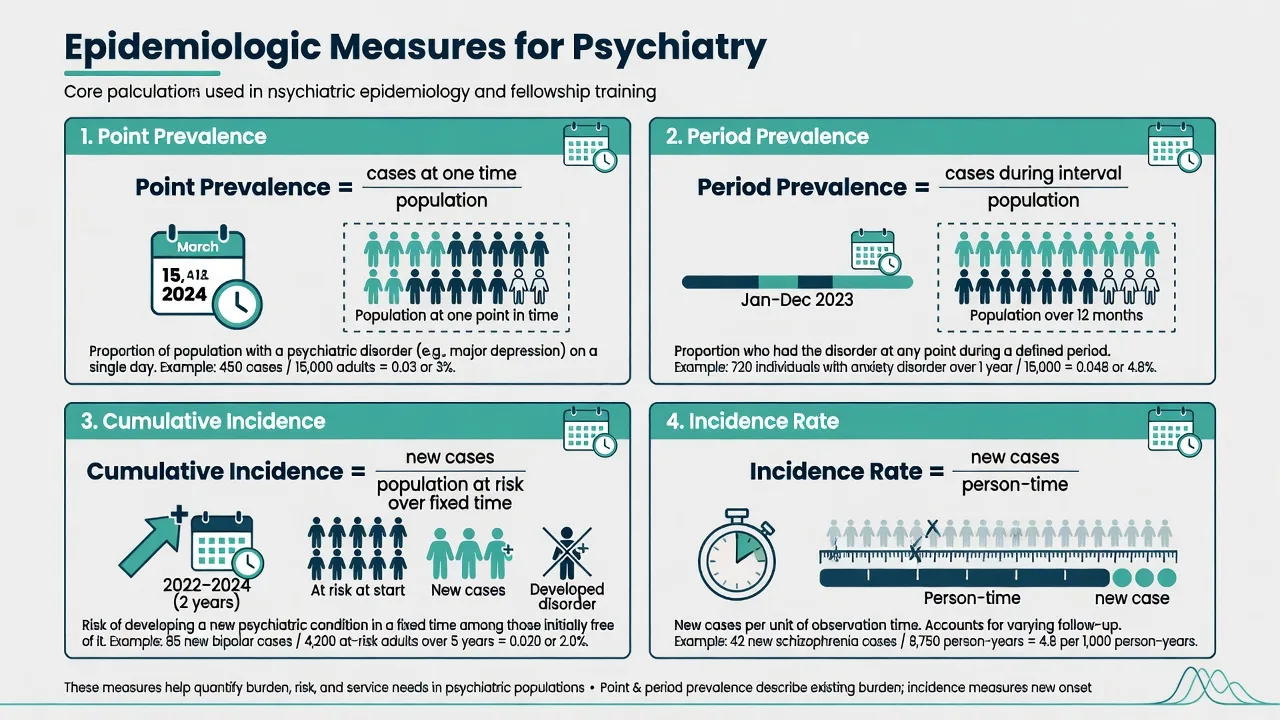 Infographic of point prevalence, period prevalence, cumulative incidence, and incidence rate with person-time