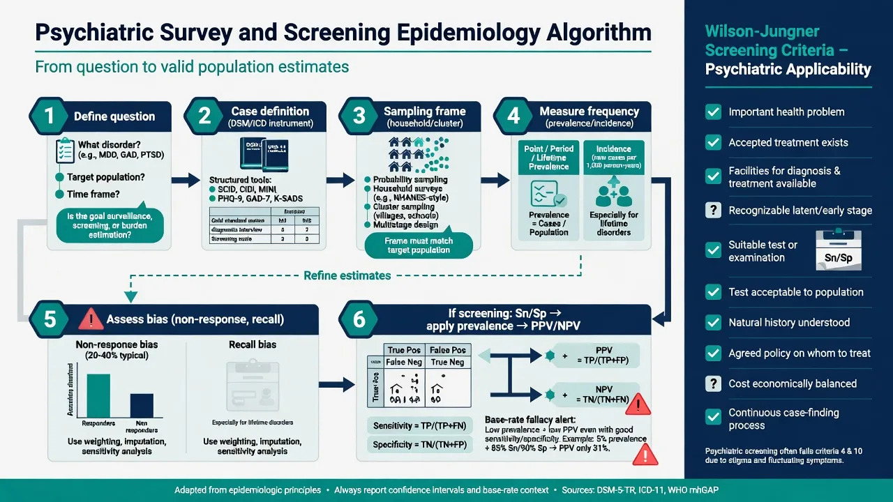 Algorithm from epidemiologic question through sampling case definition bias checks to screening PPV base-rate warning