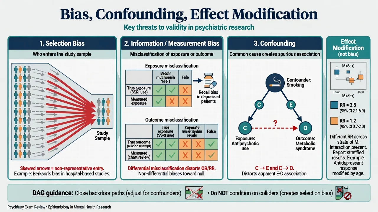 Selection bias, information bias, confounding DAG, and effect modification strata