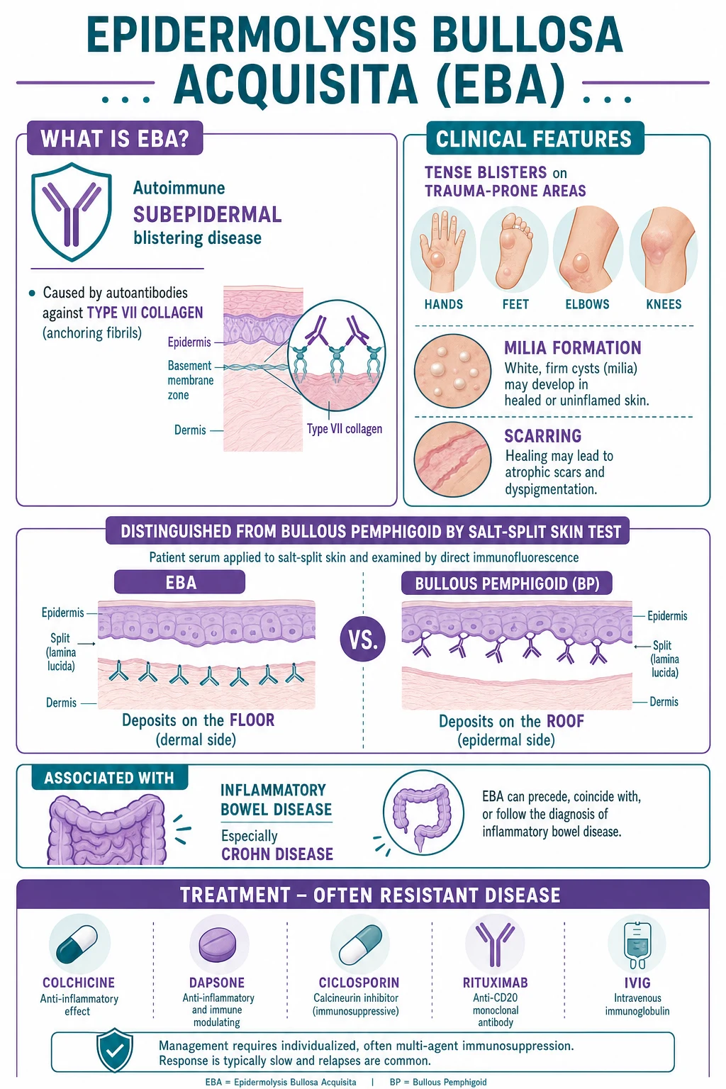 Tense trauma-induced blisters on extensor surfaces (hands, feet, elbows, knees) with milia and scarring; type VII collagen autoantibodies; salt-split skin floor localisation; associated with inflammatory bowel disease; treatment-resistant