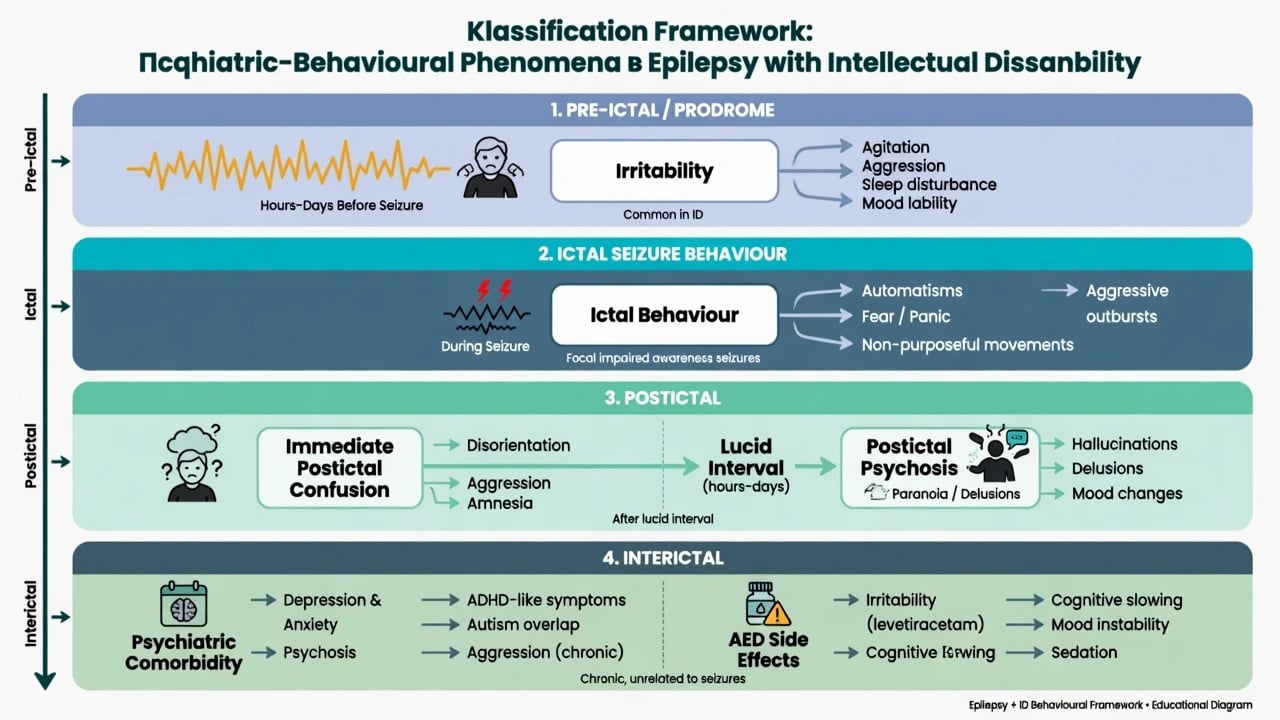 Four-band timeline of pre-ictal, ictal, postictal including postictal psychosis after lucid interval, and interictal psychiatric comorbidity plus AED side effects