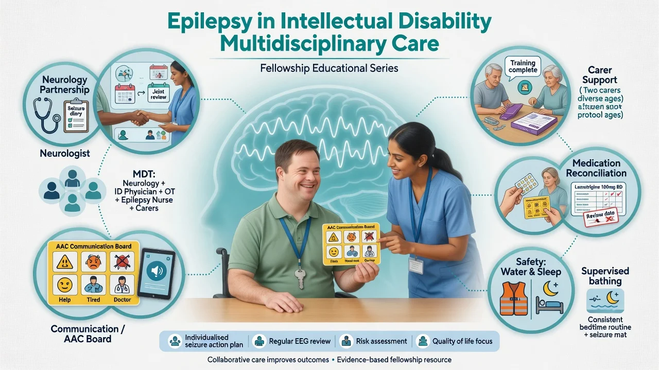 Educational poster of multidisciplinary epilepsy care in intellectual disability with neurology partnership, AAC communication, carer support and safety planning
