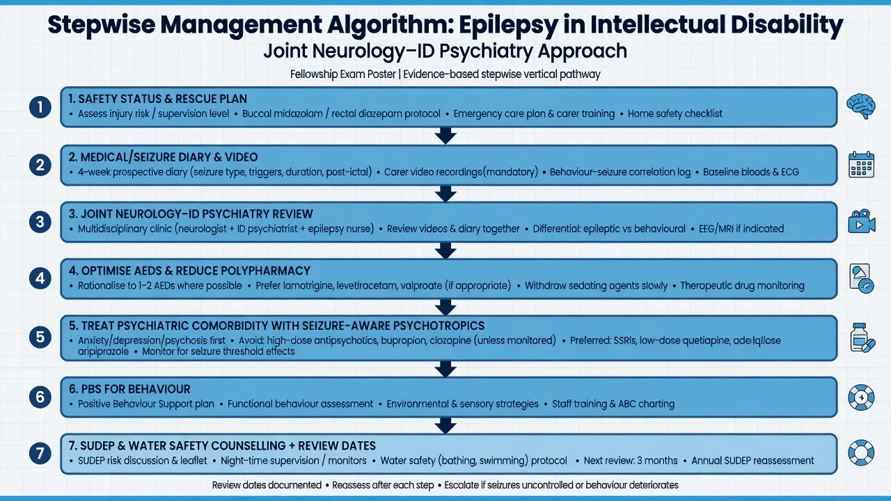 Seven-step management algorithm from safety and rescue plan through joint neurology-ID psychiatry review, AED optimisation, seizure-aware psychotropics, PBS, and SUDEP counselling