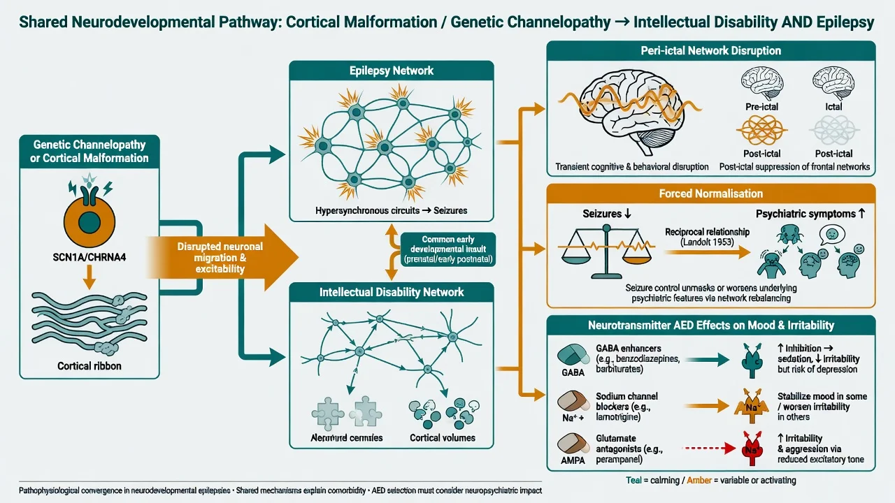 Shared neurodevelopmental pathway diagram from genetic channelopathy or cortical malformation to epilepsy and intellectual disability networks with peri-ictal disruption and forced normalisation