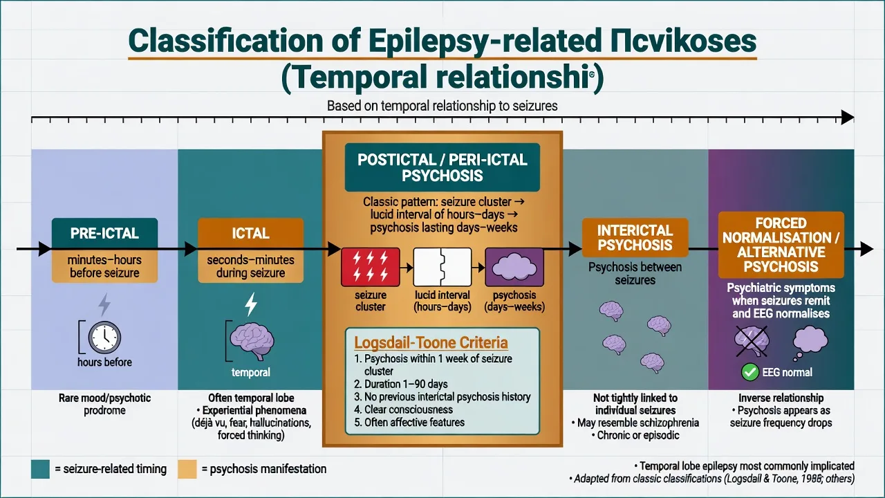 Timeline classification of epilepsy-related psychoses from pre-ictal through postictal to interictal and forced normalisation