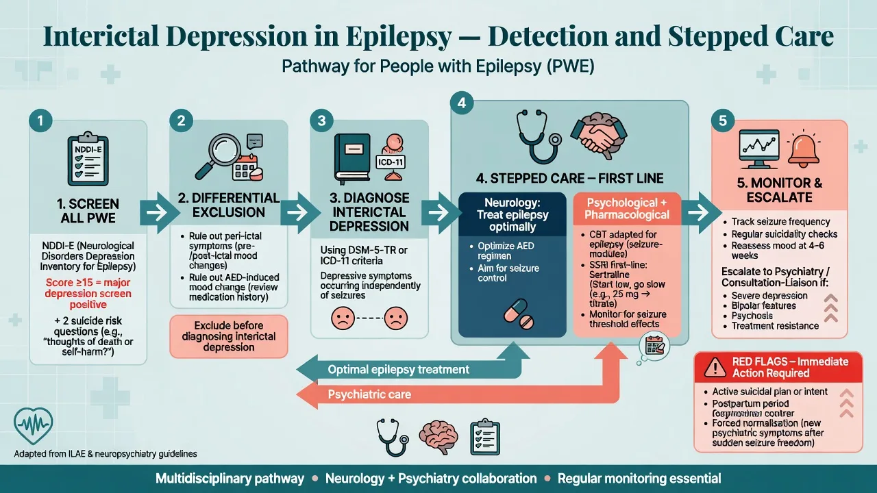 Stepped care pathway for interictal depression screening with NDDI-E through treatment and escalation