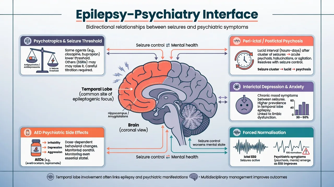 Educational diagram of the epilepsy–psychiatry interface with temporal lobe focus and panels for peri-ictal psychosis, interictal depression, forced normalisation, AED side effects, and psychotropics