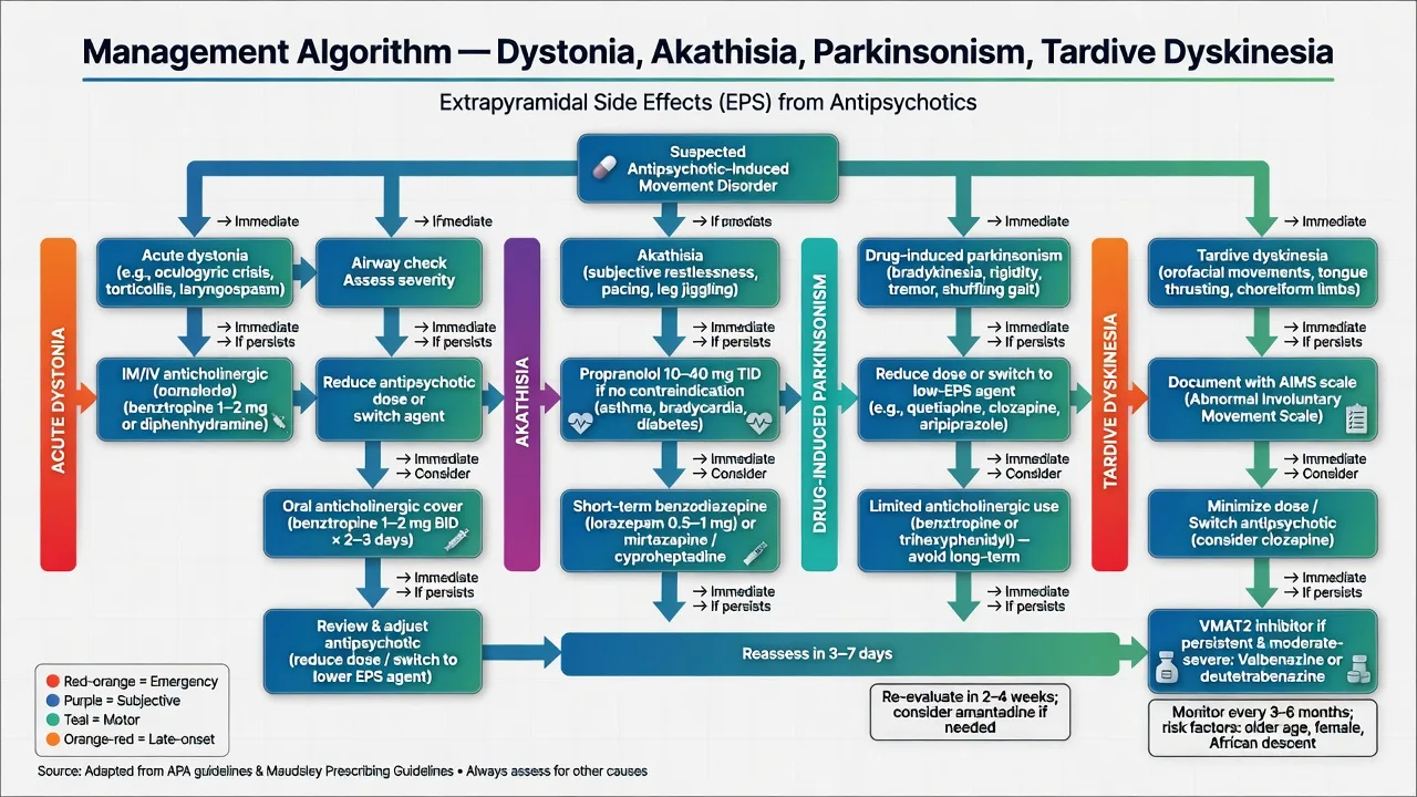 Management algorithm for acute dystonia, akathisia, drug-induced parkinsonism and tardive dyskinesia including VMAT2 inhibitors