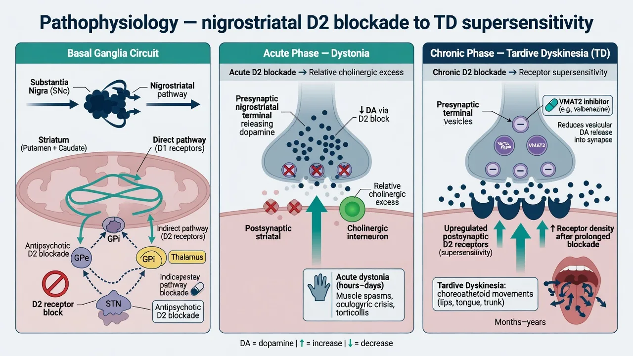 Nigrostriatal D2 blockade, acute cholinergic imbalance, chronic receptor supersensitivity and VMAT2 inhibition