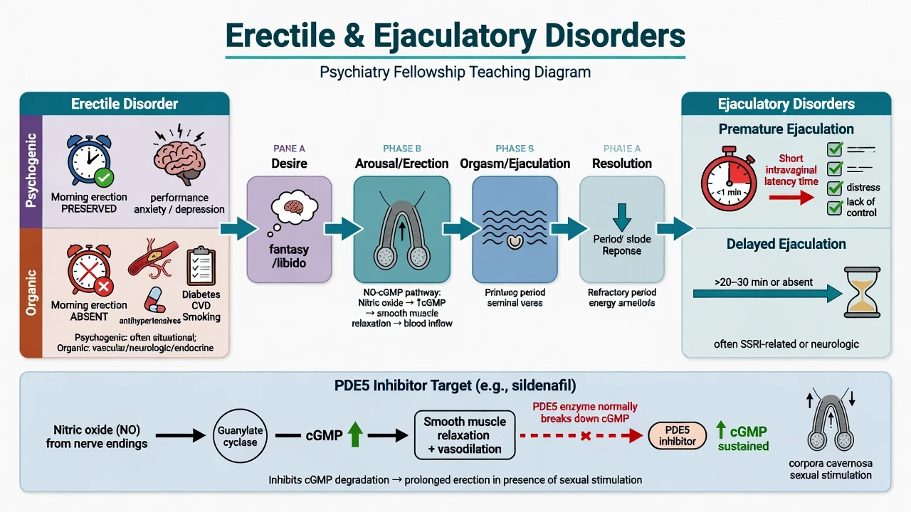 Overview of male sexual response phases and erectile versus ejaculatory disorder map