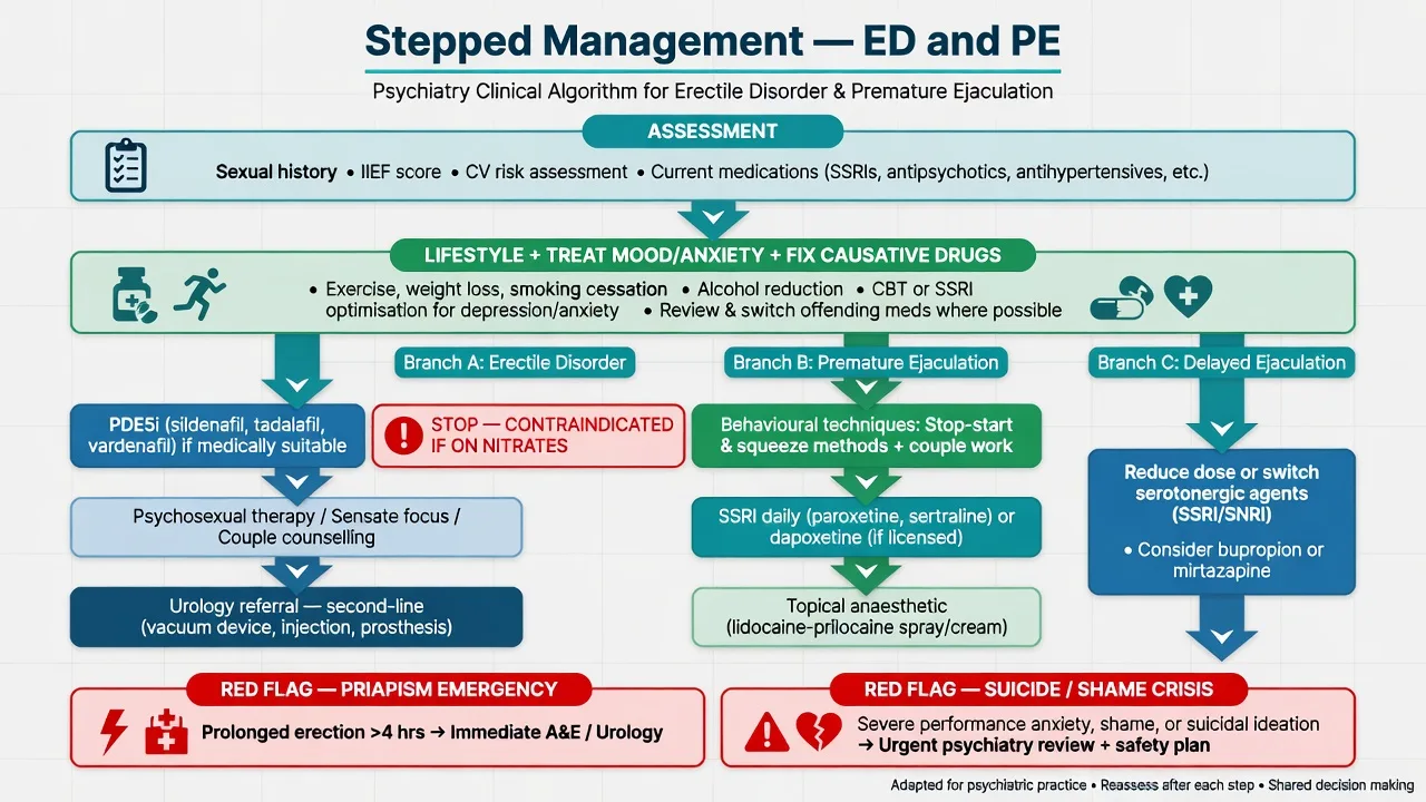 Stepped management algorithm for erectile disorder and premature ejaculation including PDE5 inhibitor nitrate safety stop