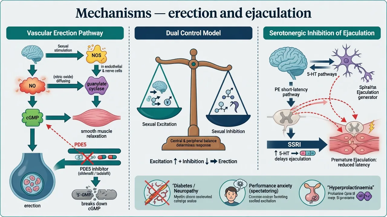 NO-cGMP erectile pathway with PDE5 inhibitor action and serotonergic effects on ejaculation