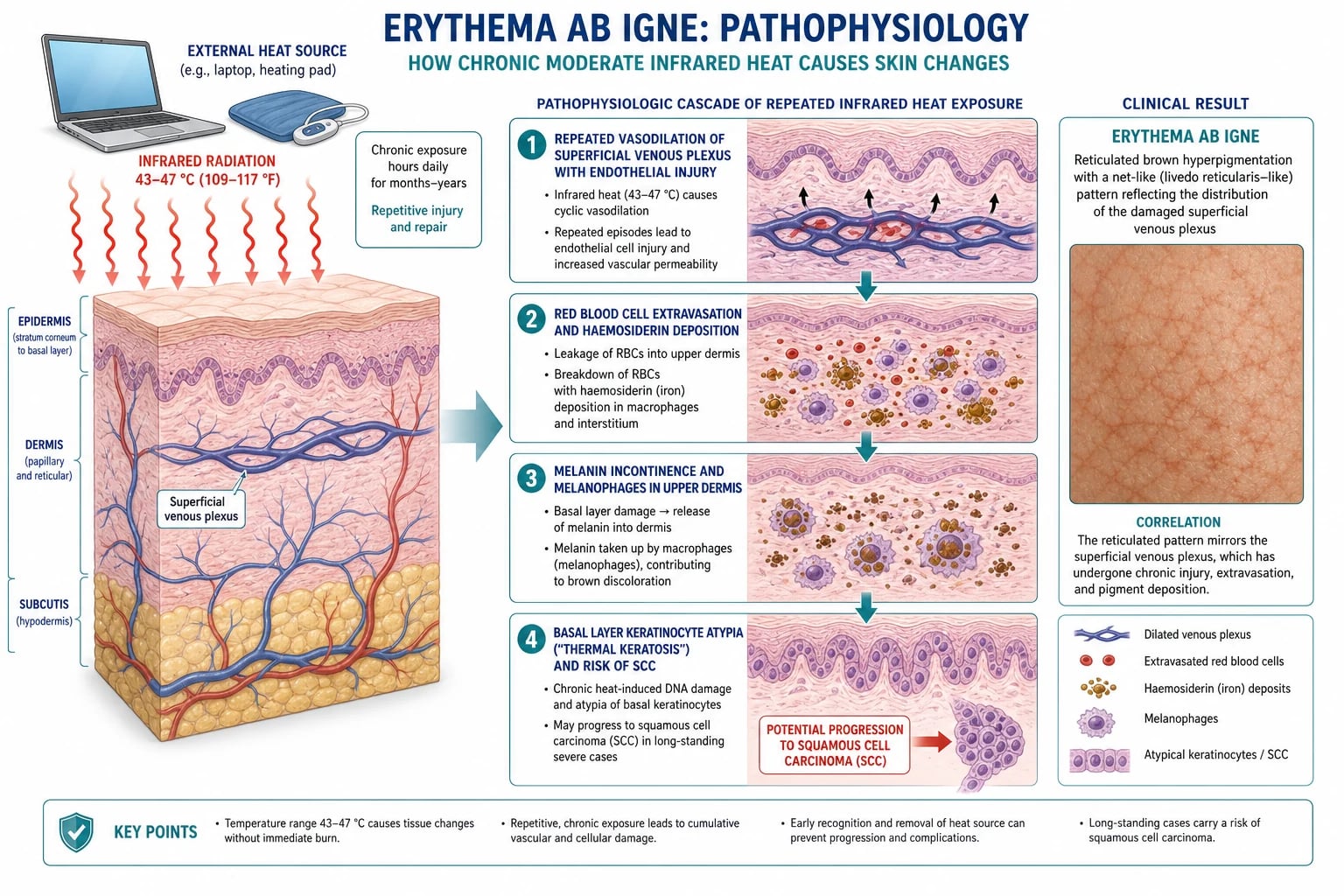 Cross-sectional skin diagram showing infrared injury cascade from vasodilation to hemosiderin and melanin incontinence to thermal keratosis