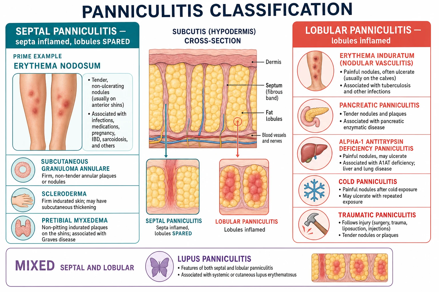 Classification of panniculitis into septal (erythema nodosum prime example, subcutaneous granuloma annulare, scleroderma, pretibial myxedema), lobular (erythema induratum, pancreatic, alpha-1 antitrypsin deficiency, cold, traumatic), and mixed (lupus panniculitis)