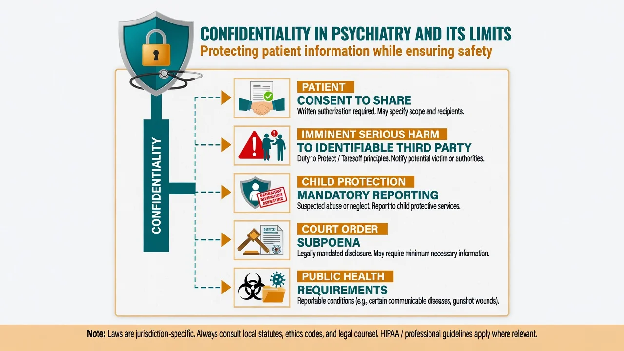 Flowchart of confidentiality and exceptions including consent, duty to protect, child protection, court orders, and public health