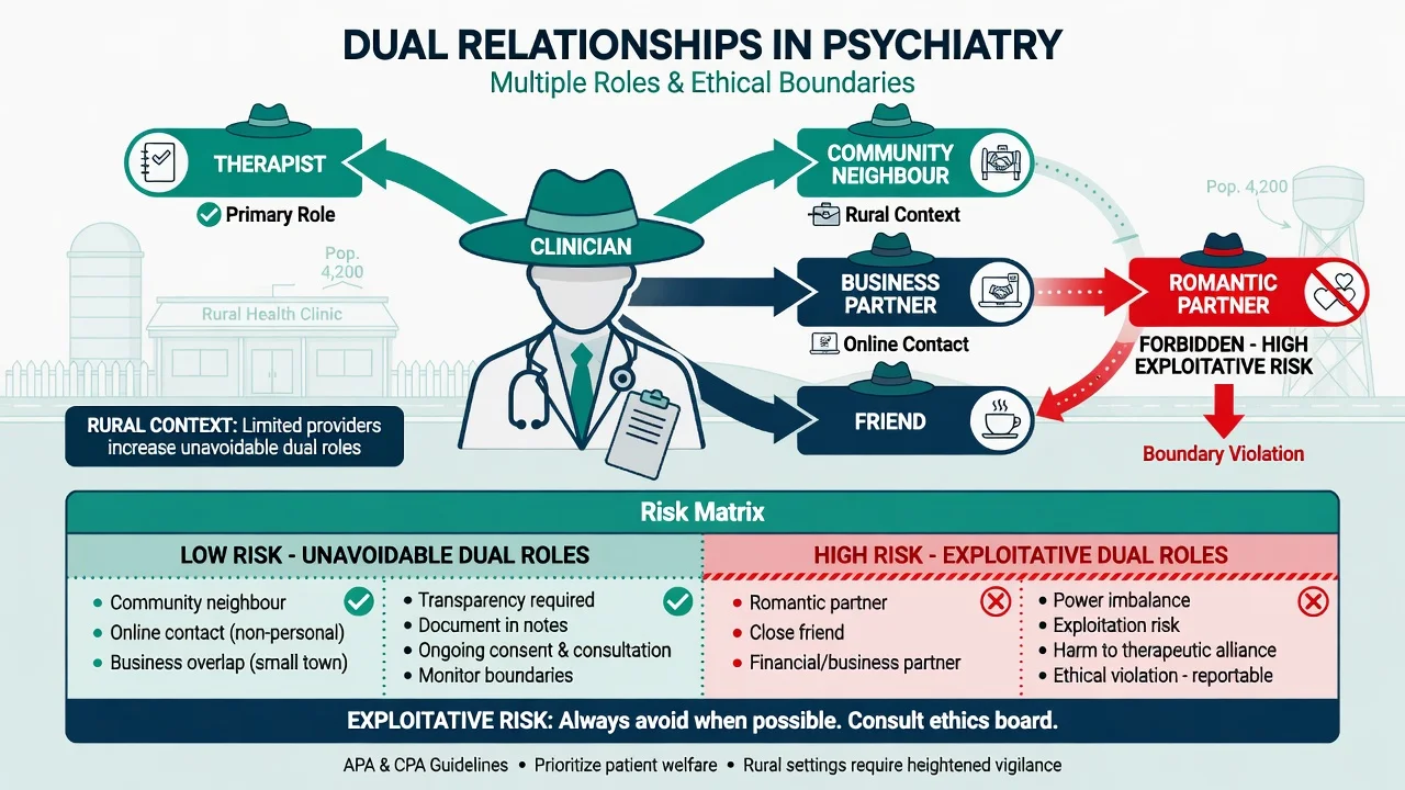 Infographic of dual relationships in psychiatry with rural context and risk matrix