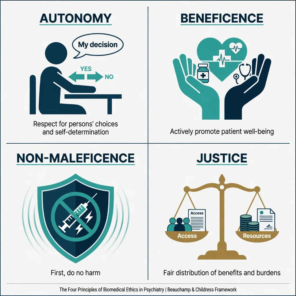 Four-panel educational diagram of autonomy, beneficence, non-maleficence, and justice in psychiatry