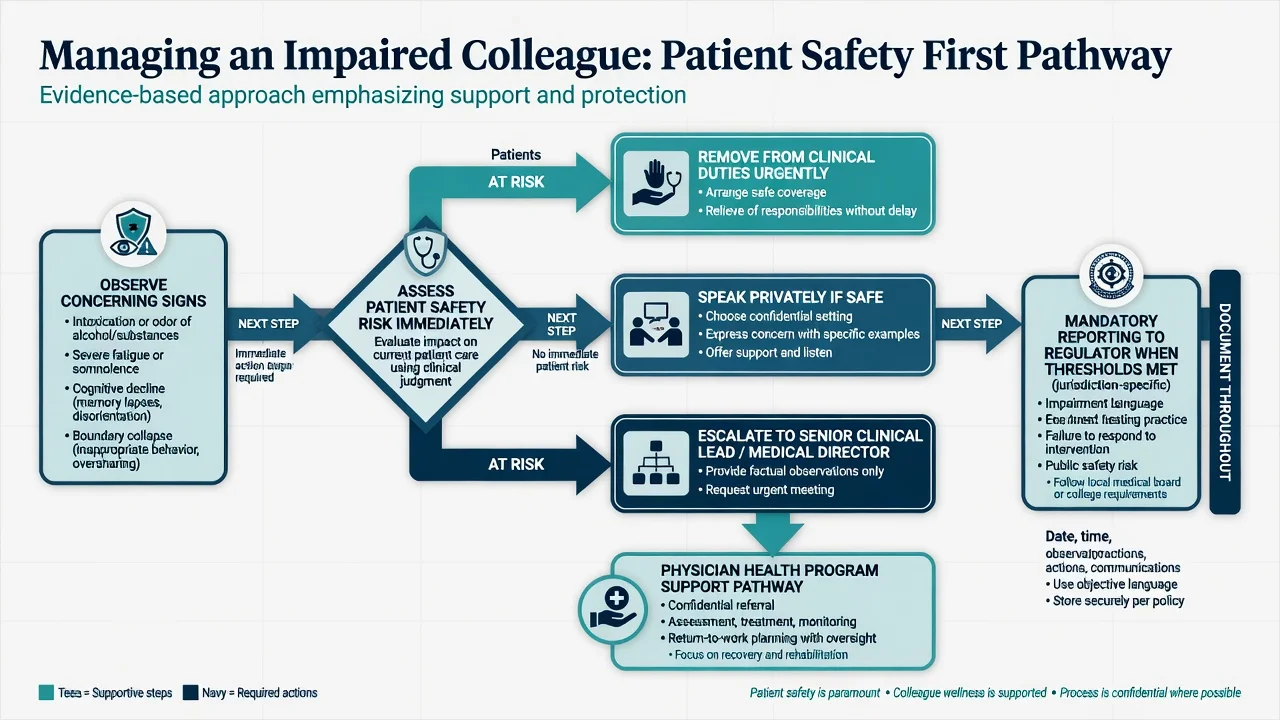 Pathway diagram for managing an impaired colleague with patient-safety-first branching