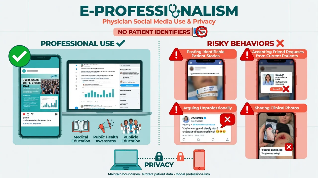 Split infographic of professional versus risky physician social media behaviours