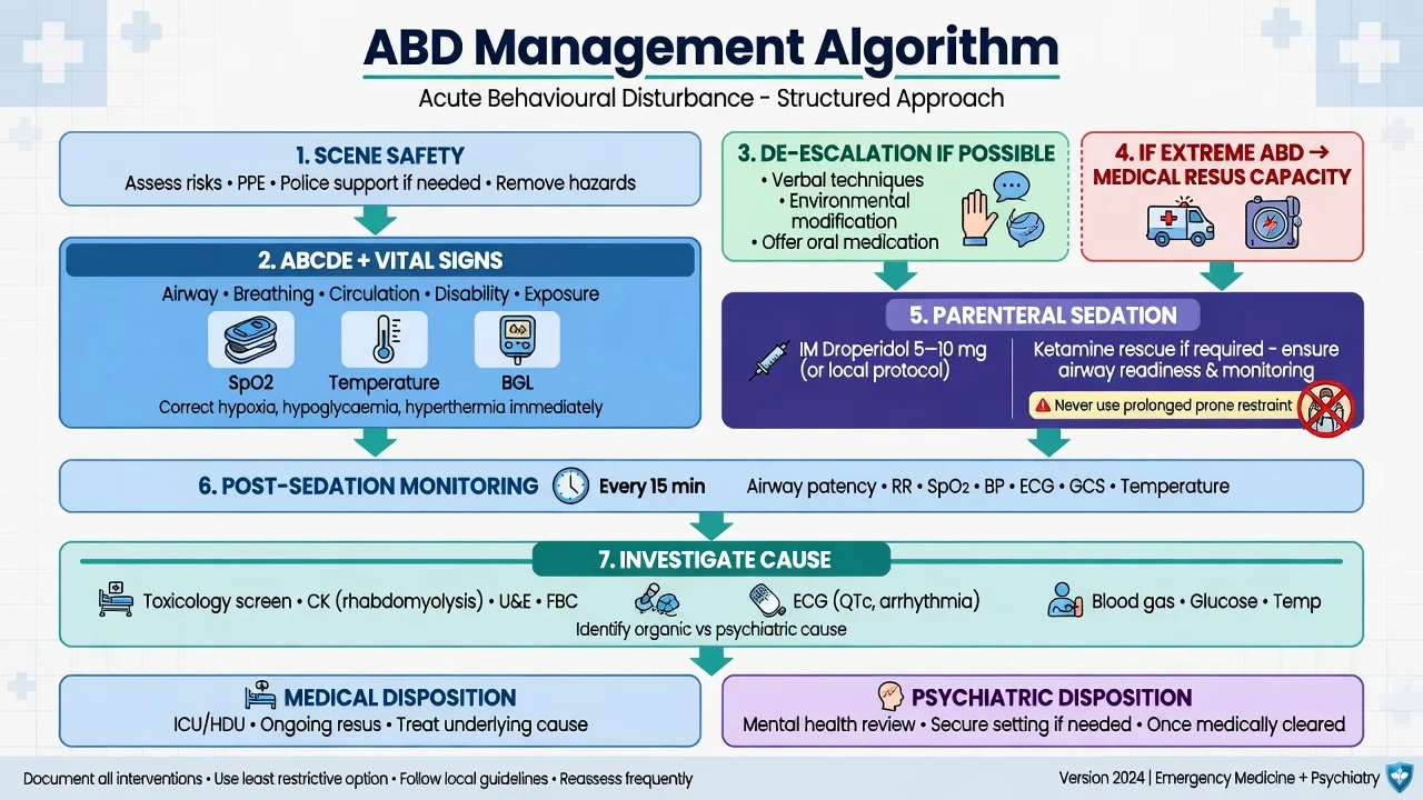 Management algorithm for acute behavioural disturbance from scene safety through sedation monitoring and disposition