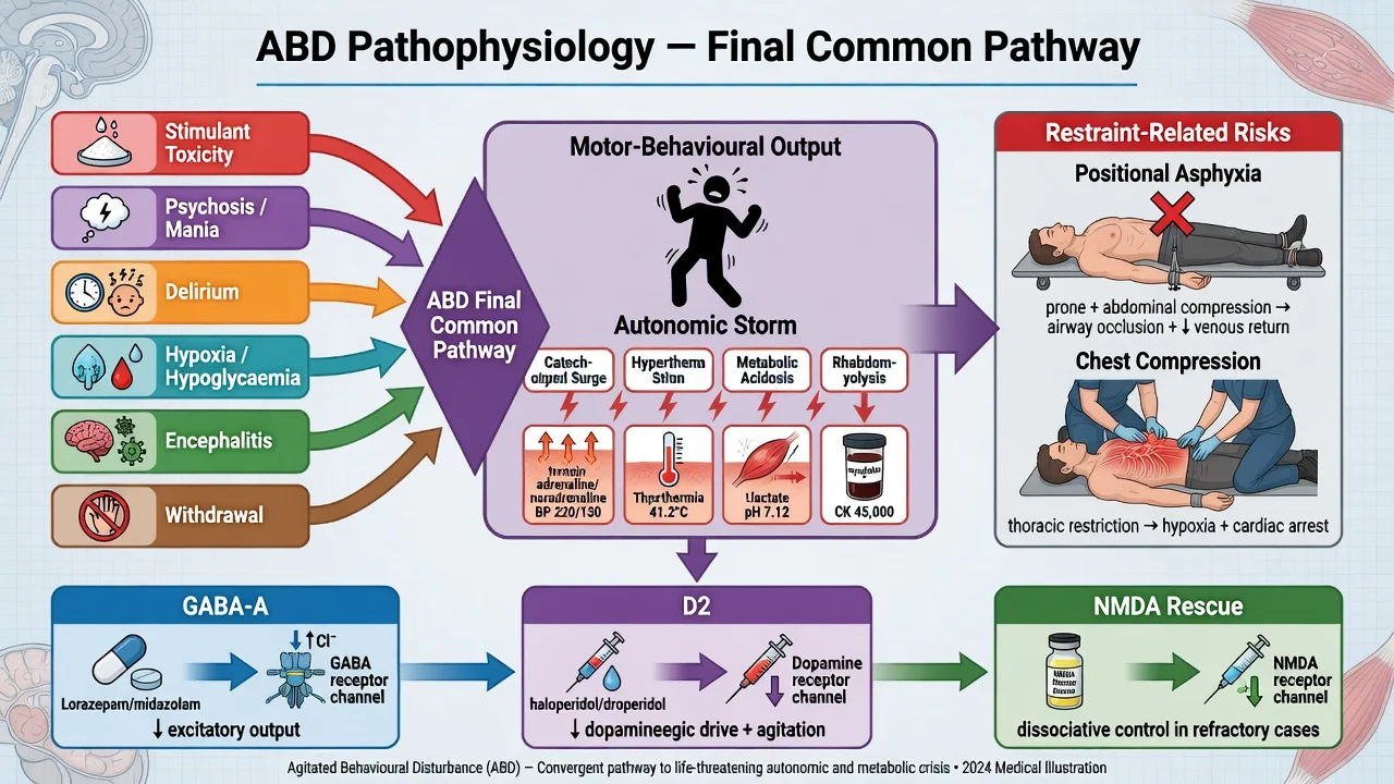 Pathophysiology flowchart of acute behavioural disturbance showing converging causes autonomic storm and restraint risk
