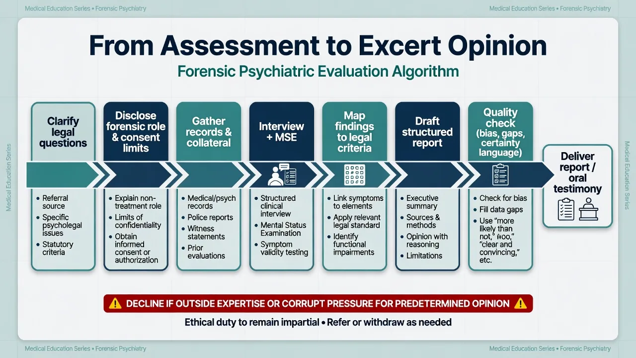 Flowchart from clarifying legal questions through forensic assessment to structured report and testimony