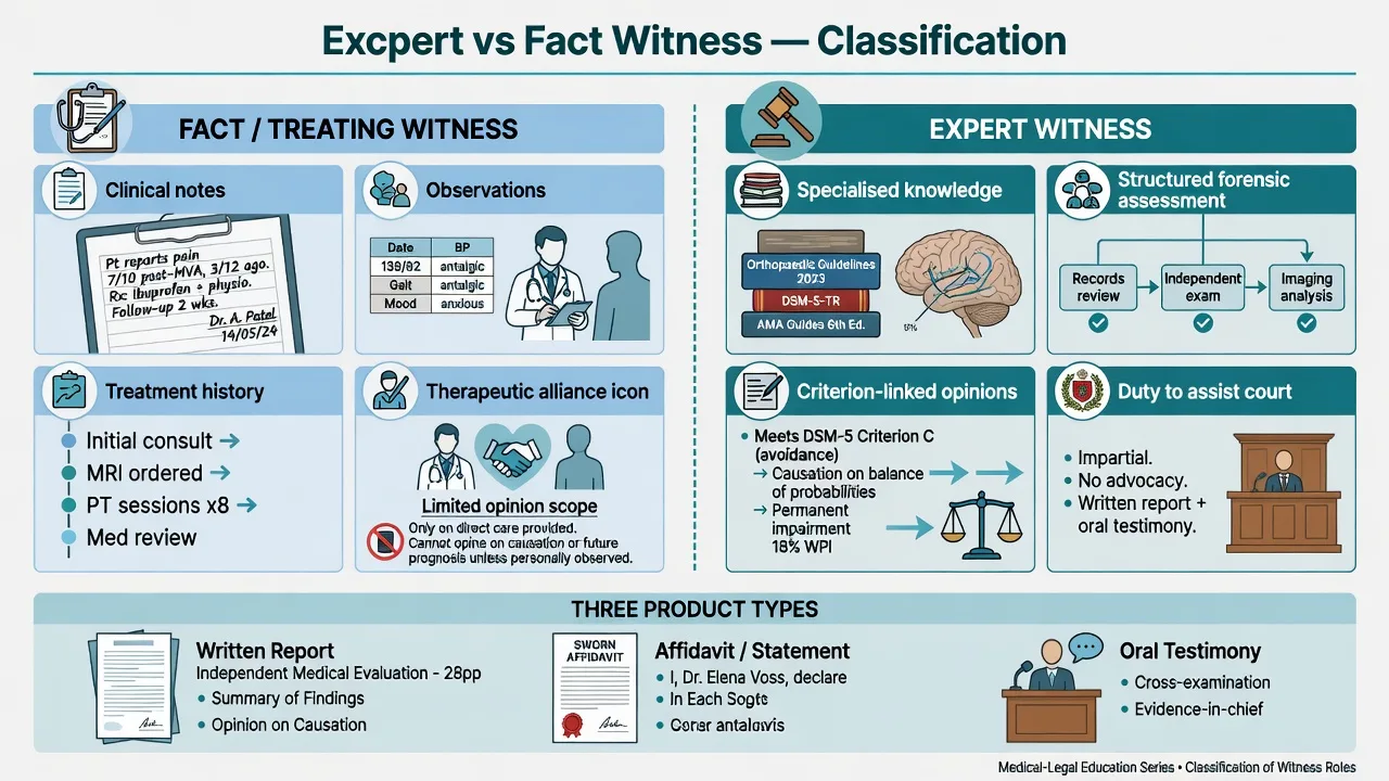 Two-column comparison of fact or treating witness versus expert witness products