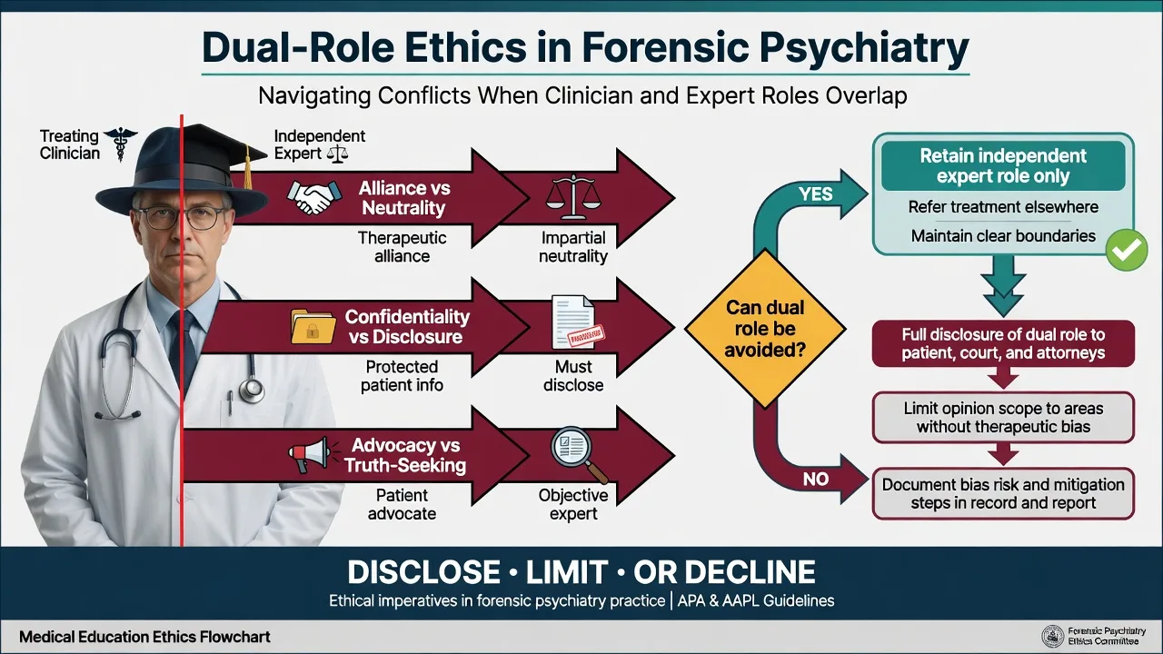 Dual-role ethics flowchart for treating clinician versus independent expert