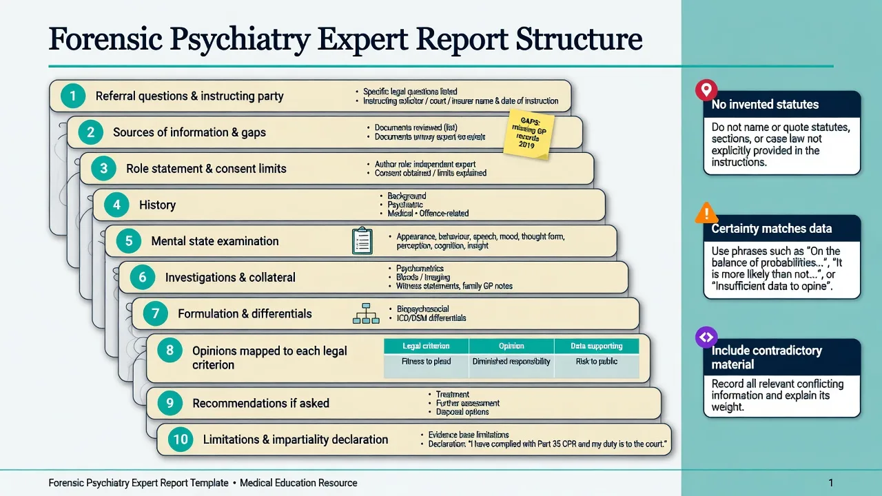 Numbered sections of a forensic psychiatry expert report from referral questions to limitations