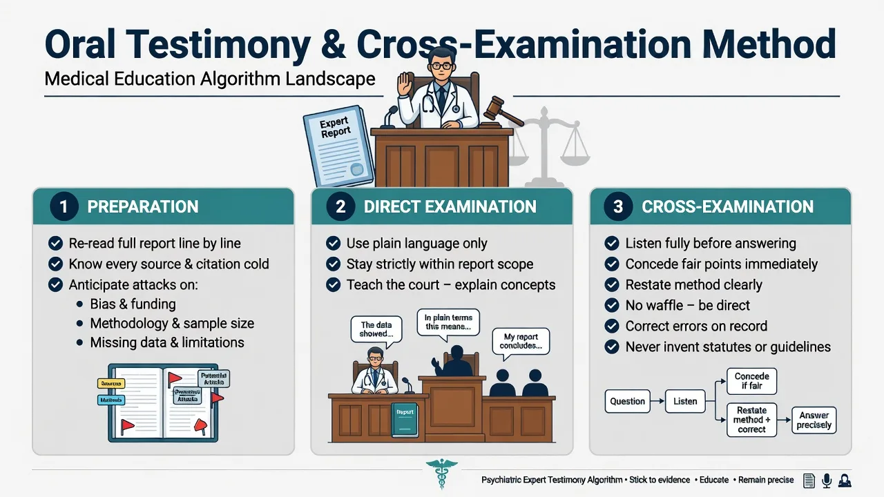 Three-panel method for preparation, direct examination, and cross-examination of psychiatric expert witnesses