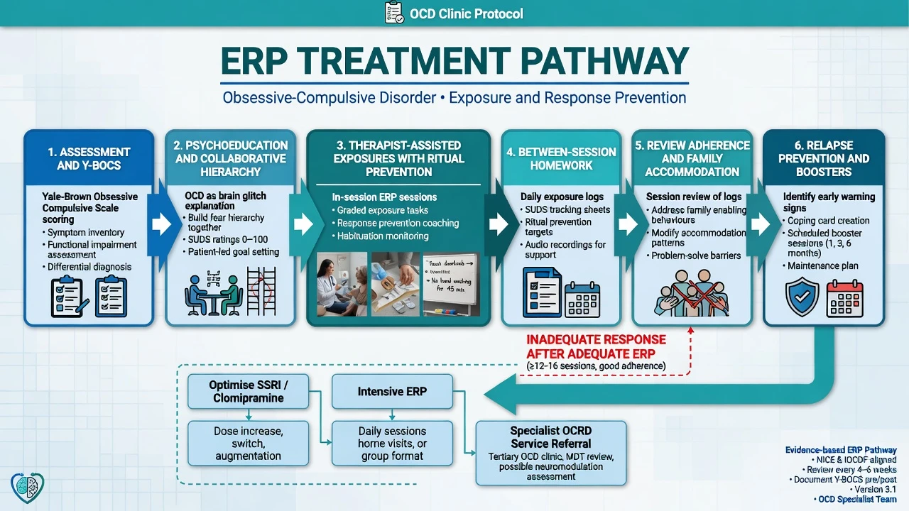 Clinical flowchart from OCD assessment through ERP delivery to step-up options if non-response