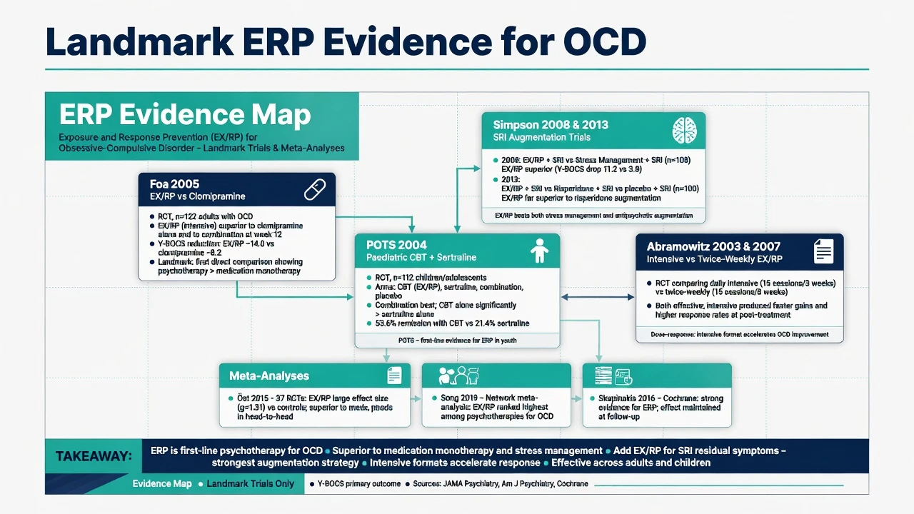 Poster-style map of landmark ERP trials and meta-analyses for OCD