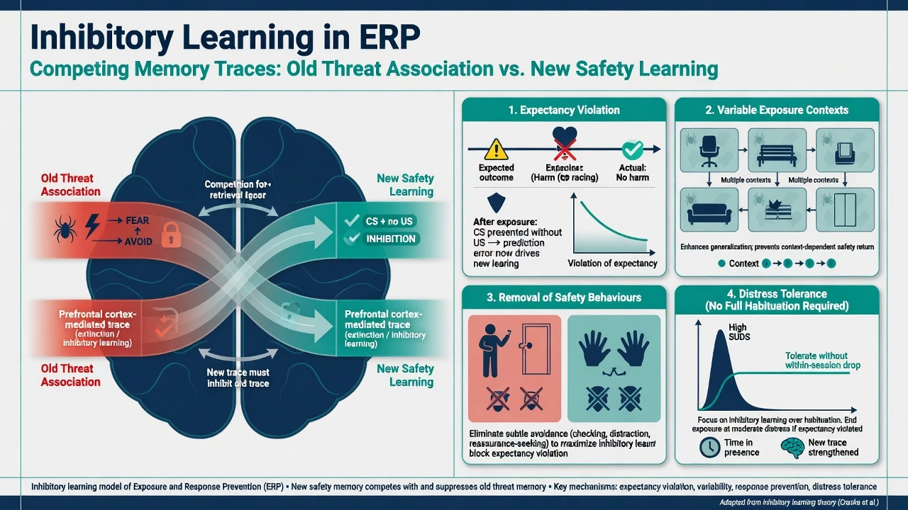 Diagram comparing old threat memory with new inhibitory safety learning and expectancy violation principles in ERP