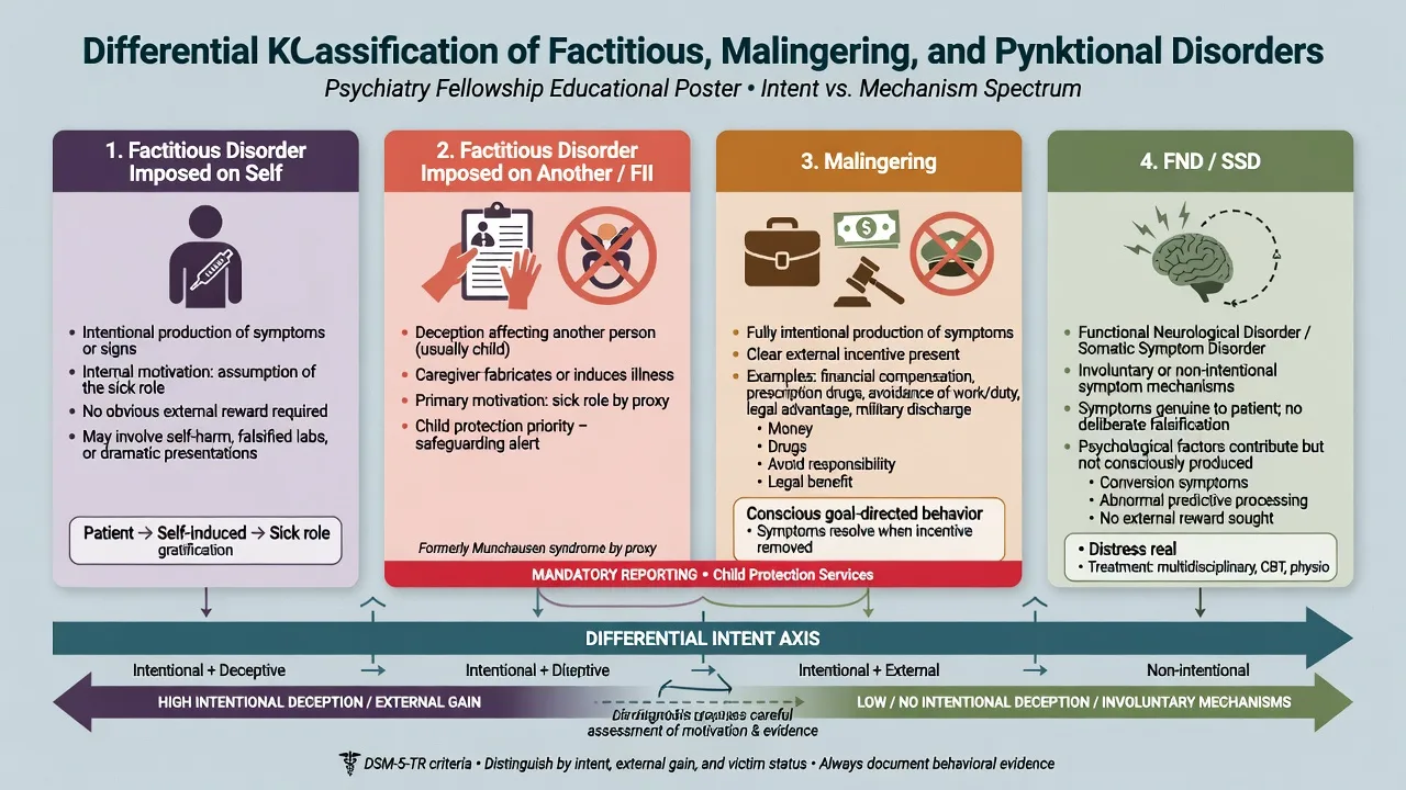 Eight-step algorithm from safety and multidisciplinary discussion through collateral, targeted tests, differential, safeguarding, coordinated care plan, and psychiatric support without collusion