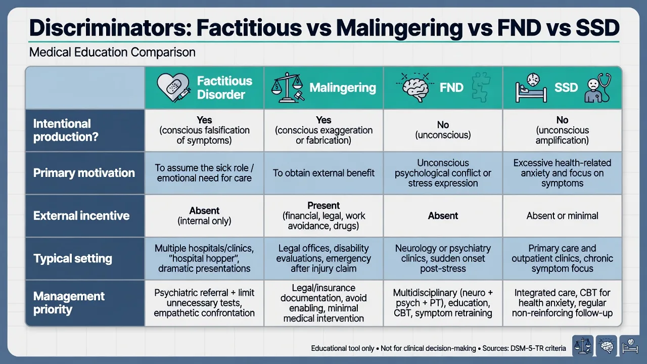 Flowchart of internal sick-role pathways to factitious disorder versus external incentive pathways to malingering with reinforcement loops