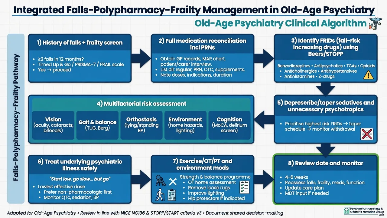 Stepwise algorithm for integrated falls polypharmacy and frailty management in old-age psychiatry