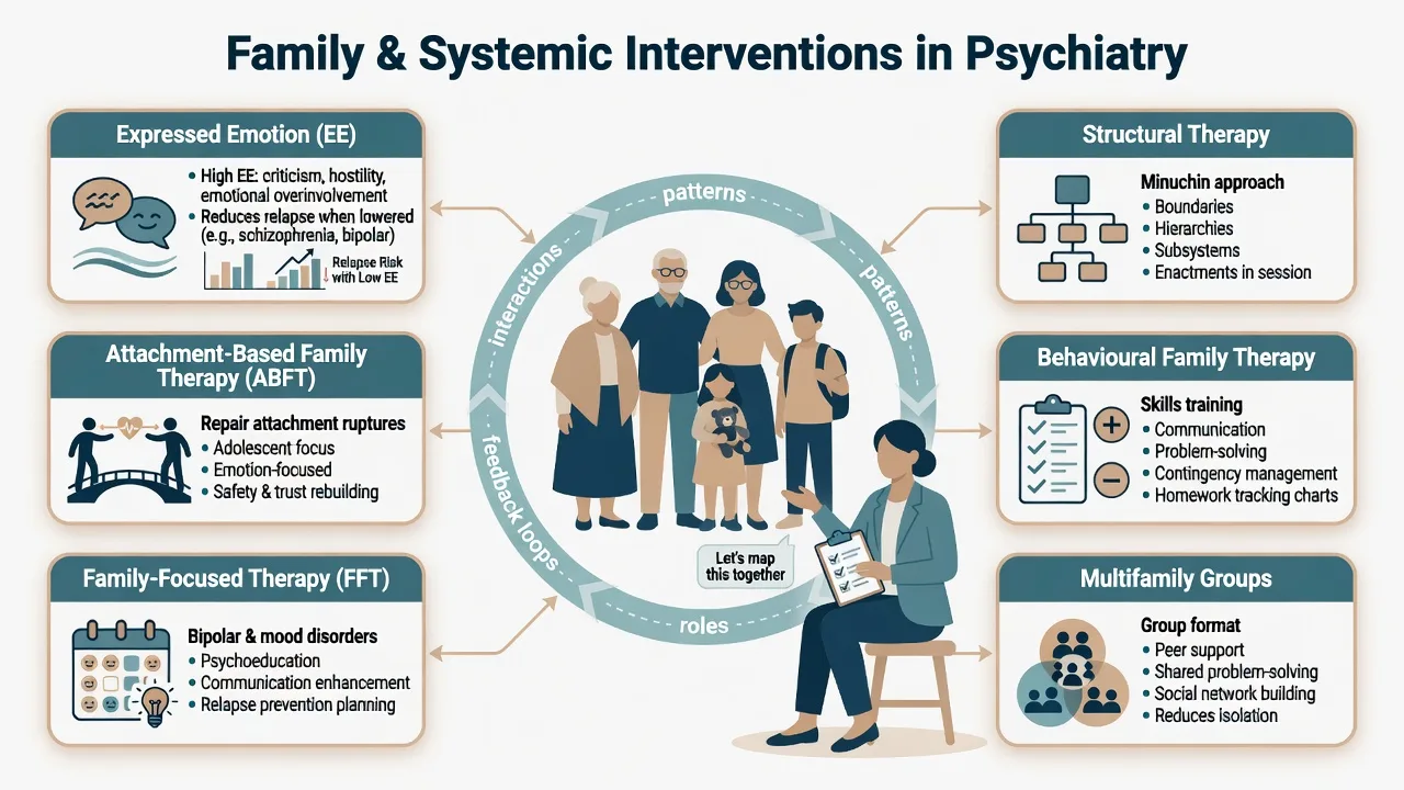Overview diagram of family and systemic intervention modules around a multi-generational family