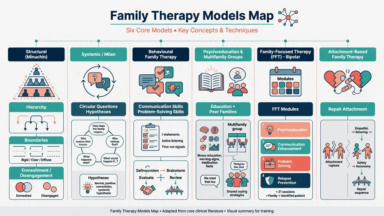 Six-panel map of structural, systemic, behavioural, multifamily, FFT, and ABFT models