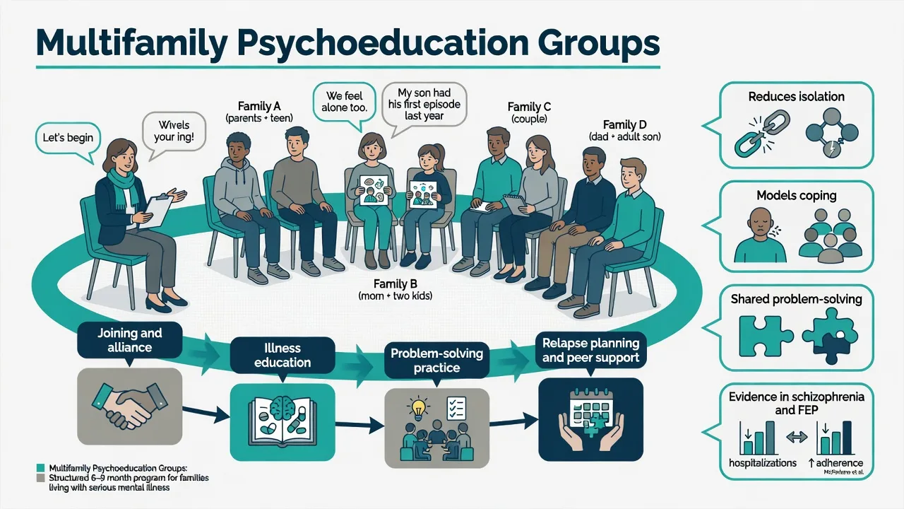 Multifamily psychoeducation group seating circle with staged joining education problem-solving relapse planning