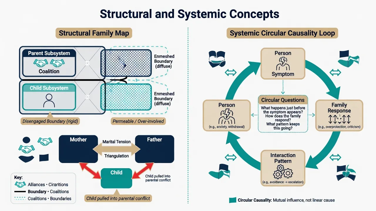 Structural family map with hierarchy boundaries triangulation and systemic circular causality loop